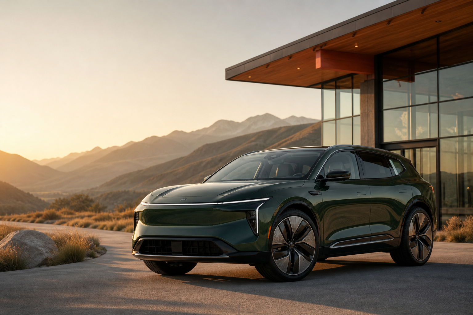 Fictional deep-green electric crossover outside a mountain dealership